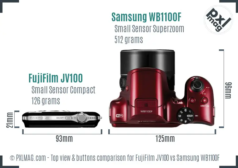 FujiFilm JV100 vs Samsung WB1100F top view buttons comparison FujiFilm JV100 vs Samsung WB1100F top view buttons comparison