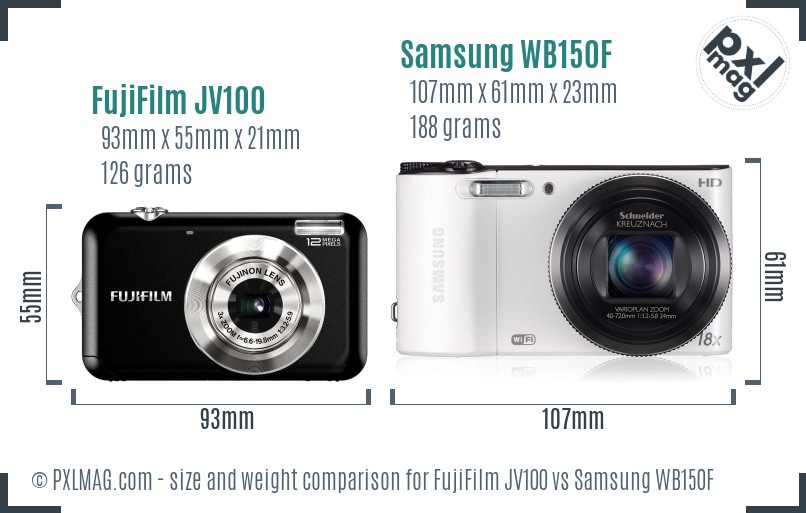 FujiFilm JV100 vs Samsung WB150F size comparison