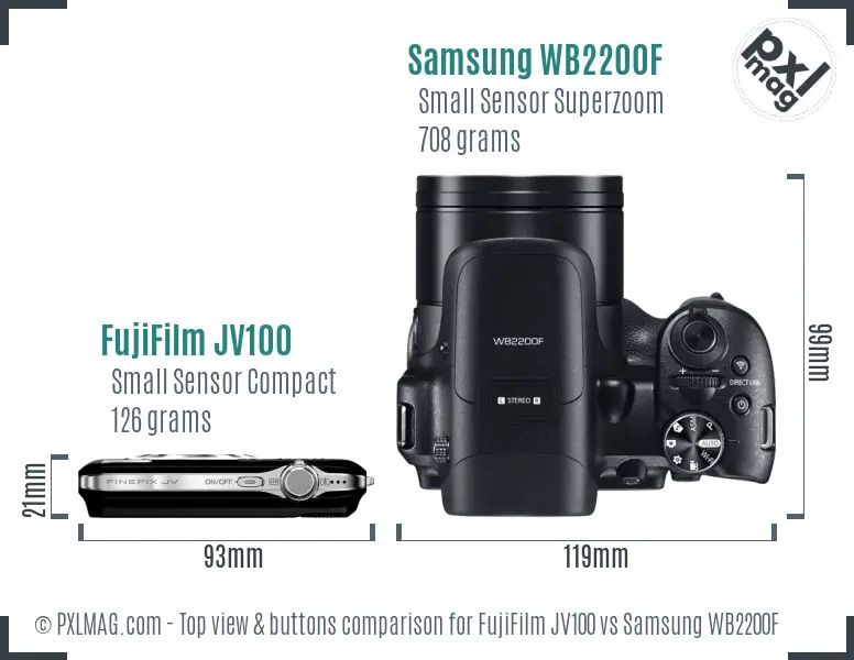 FujiFilm JV100 vs Samsung WB2200F top view buttons comparison
