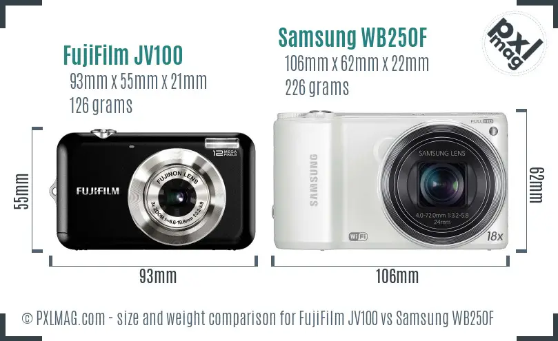 FujiFilm JV100 vs Samsung WB250F size comparison