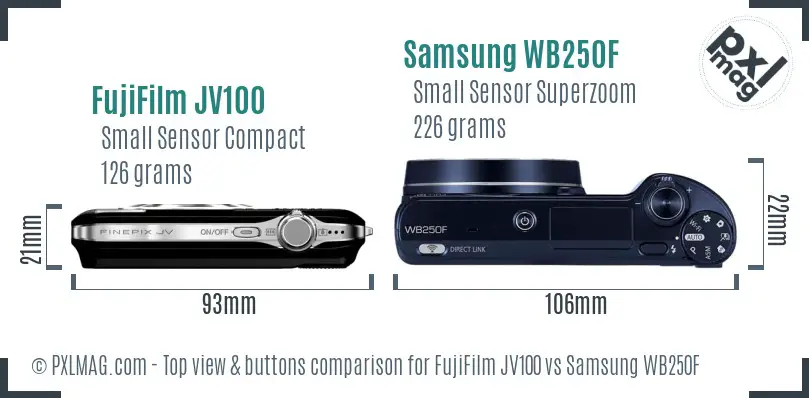 FujiFilm JV100 vs Samsung WB250F top view buttons comparison