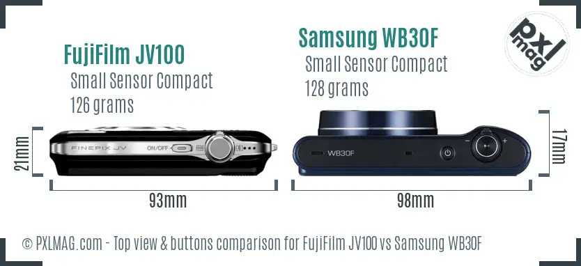 FujiFilm JV100 vs Samsung WB30F top view buttons comparison