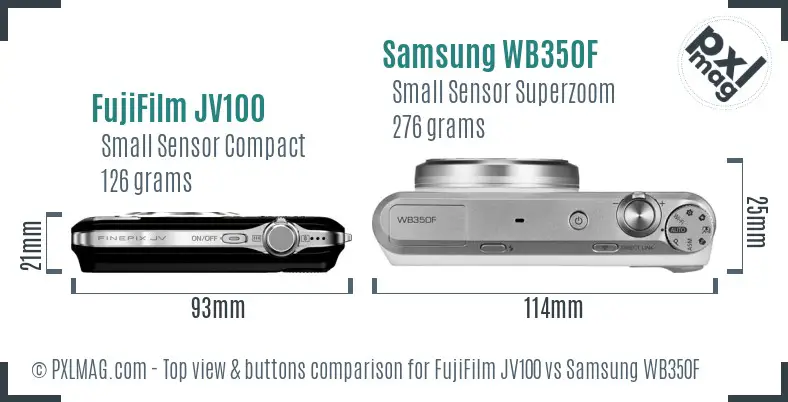 FujiFilm JV100 vs Samsung WB350F top view buttons comparison