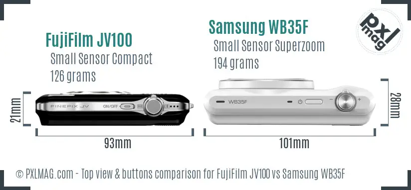 FujiFilm JV100 vs Samsung WB35F top view buttons comparison FujiFilm JV100 vs Samsung WB35F top view buttons comparison
