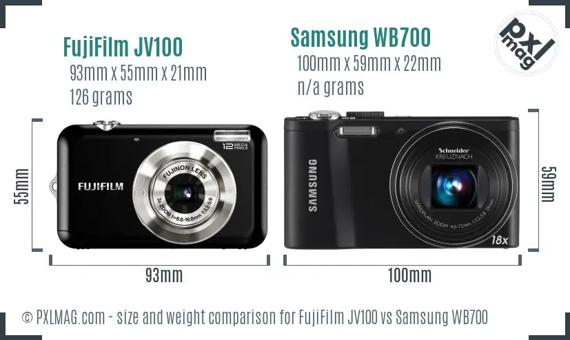 FujiFilm JV100 vs Samsung WB700 size comparison