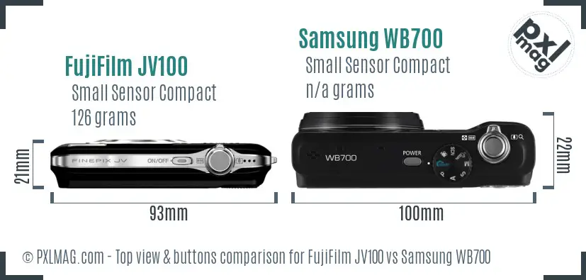 FujiFilm JV100 vs Samsung WB700 top view buttons comparison