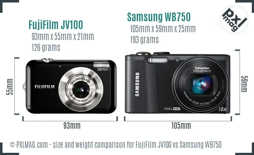 FujiFilm JV100 vs Samsung WB750 size comparison
