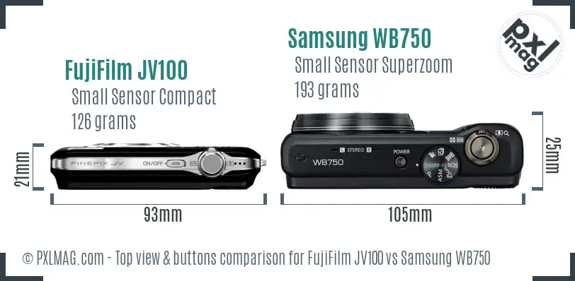 FujiFilm JV100 vs Samsung WB750 top view buttons comparison