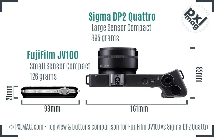 FujiFilm JV100 vs Sigma DP2 Quattro top view buttons comparison FujiFilm JV100 vs Sigma DP2 Quattro top view buttons comparison