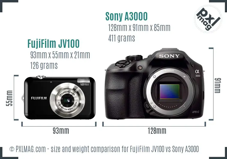 FujiFilm JV100 vs Sony A3000 size comparison FujiFilm JV100 vs Sony A3000 size comparison