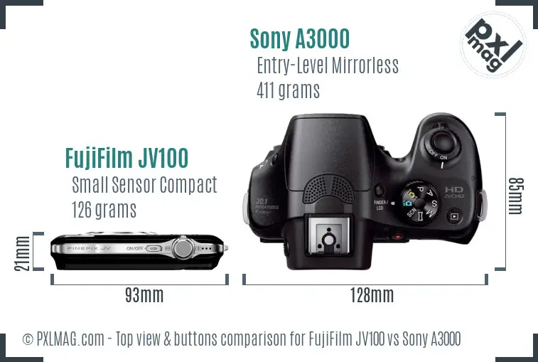 FujiFilm JV100 vs Sony A3000 top view buttons comparison FujiFilm JV100 vs Sony A3000 top view buttons comparison