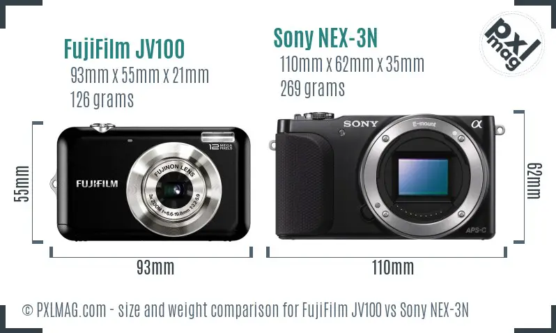 FujiFilm JV100 vs Sony NEX-3N size comparison