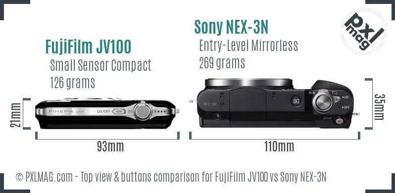 FujiFilm JV100 vs Sony NEX-3N top view buttons comparison