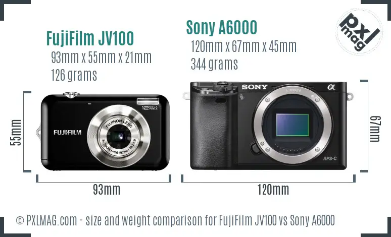 FujiFilm JV100 vs Sony A6000 size comparison