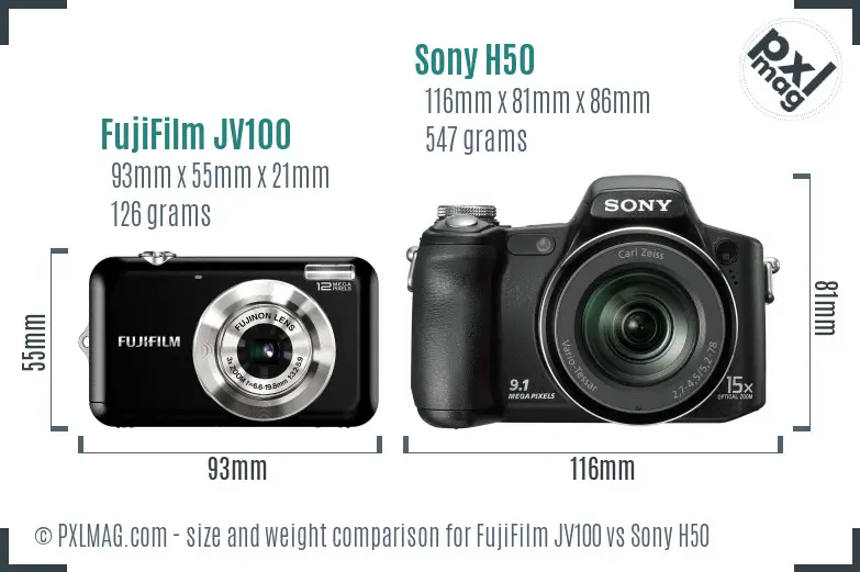 FujiFilm JV100 vs Sony H50 size comparison