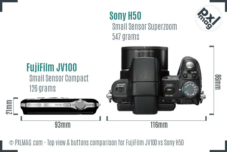 FujiFilm JV100 vs Sony H50 top view buttons comparison