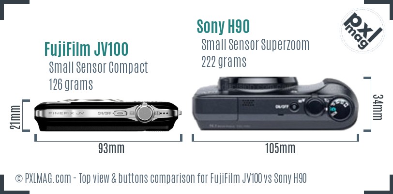FujiFilm JV100 vs Sony H90 top view buttons comparison