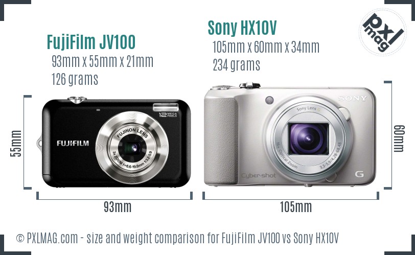 FujiFilm JV100 vs Sony HX10V size comparison