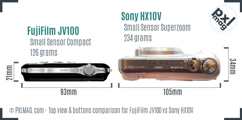 FujiFilm JV100 vs Sony HX10V top view buttons comparison