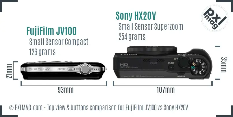 FujiFilm JV100 vs Sony HX20V top view buttons comparison FujiFilm JV100 vs Sony HX20V top view buttons comparison