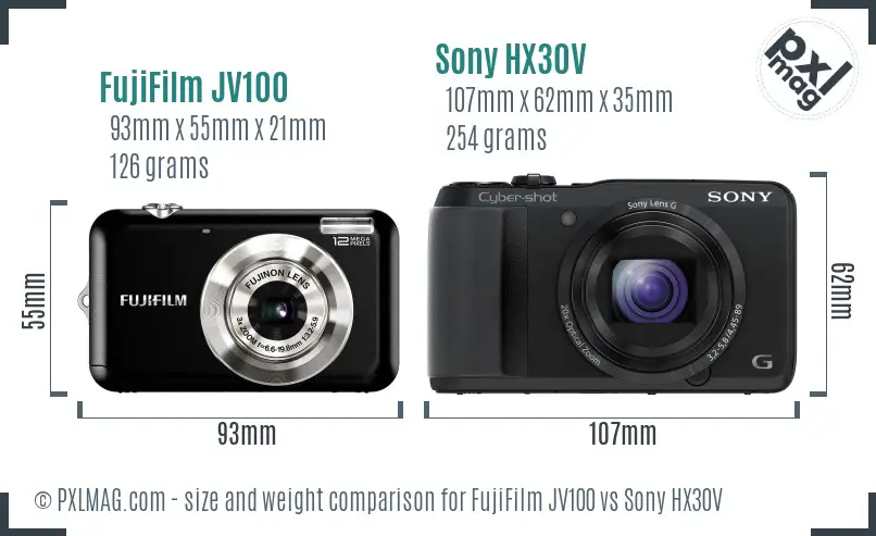 FujiFilm JV100 vs Sony HX30V size comparison FujiFilm JV100 vs Sony HX30V size comparison