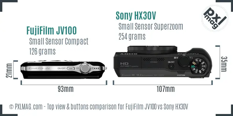 FujiFilm JV100 vs Sony HX30V top view buttons comparison FujiFilm JV100 vs Sony HX30V top view buttons comparison
