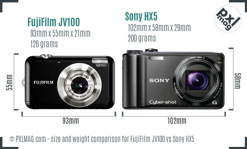 FujiFilm JV100 vs Sony HX5 size comparison