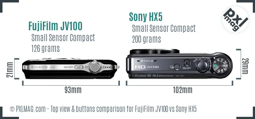 FujiFilm JV100 vs Sony HX5 top view buttons comparison