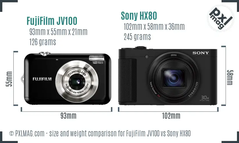 FujiFilm JV100 vs Sony HX80 size comparison FujiFilm JV100 vs Sony HX80 size comparison