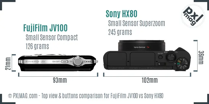 FujiFilm JV100 vs Sony HX80 top view buttons comparison