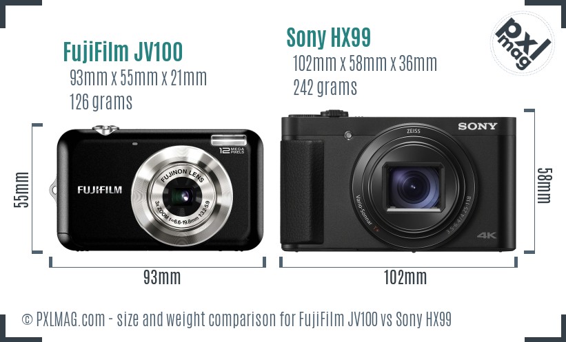FujiFilm JV100 vs Sony HX99 size comparison FujiFilm JV100 vs Sony HX99 size comparison
