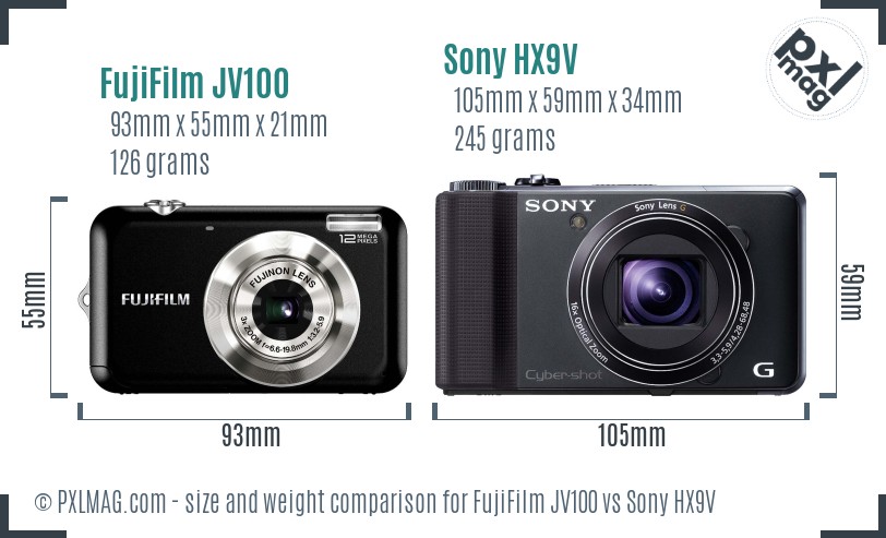 FujiFilm JV100 vs Sony HX9V size comparison