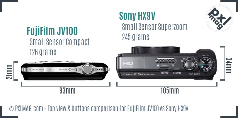 FujiFilm JV100 vs Sony HX9V top view buttons comparison