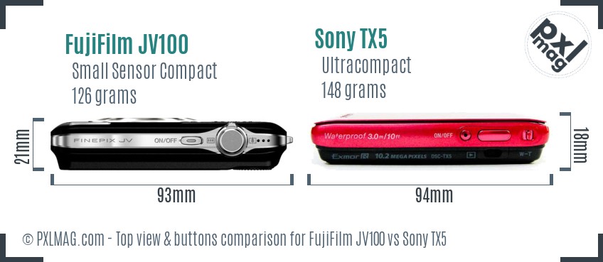 FujiFilm JV100 vs Sony TX5 top view buttons comparison