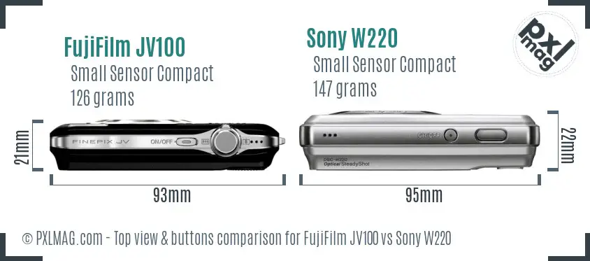 FujiFilm JV100 vs Sony W220 top view buttons comparison