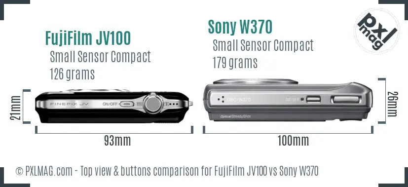 FujiFilm JV100 vs Sony W370 top view buttons comparison