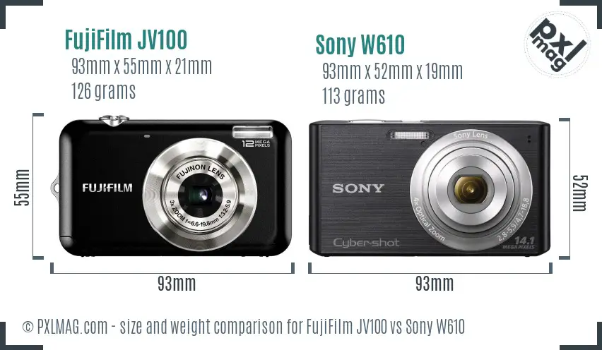 FujiFilm JV100 vs Sony W610 size comparison FujiFilm JV100 vs Sony W610 size comparison