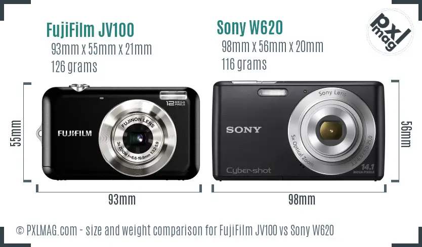 FujiFilm JV100 vs Sony W620 size comparison