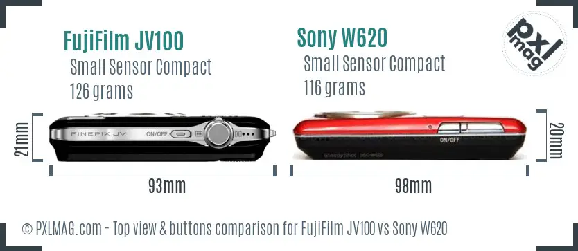 FujiFilm JV100 vs Sony W620 top view buttons comparison