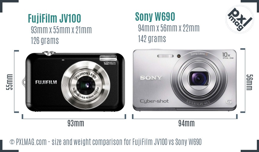 FujiFilm JV100 vs Sony W690 size comparison