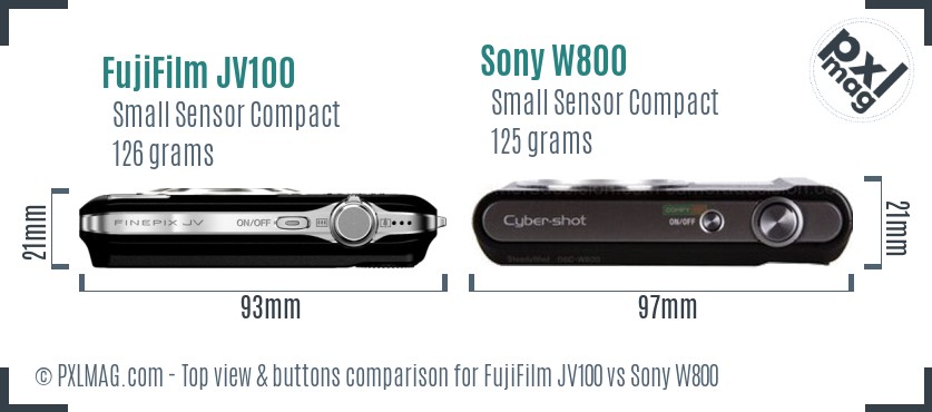 FujiFilm JV100 vs Sony W800 top view buttons comparison
