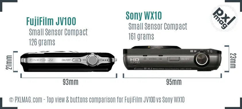 FujiFilm JV100 vs Sony WX10 top view buttons comparison