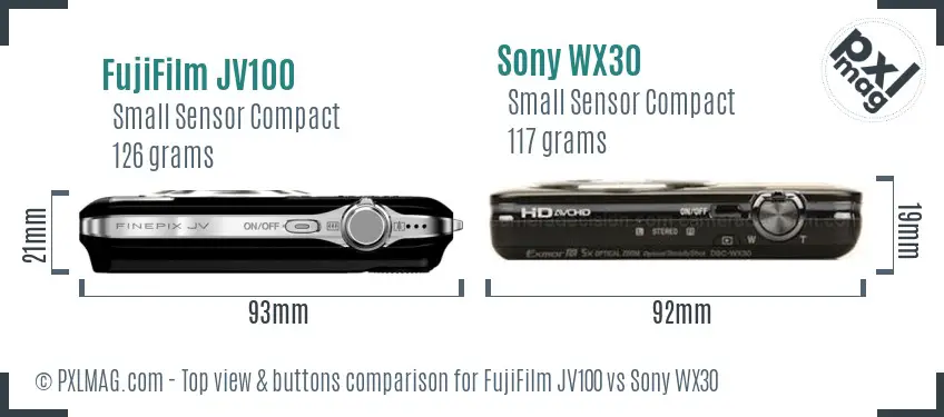 FujiFilm JV100 vs Sony WX30 top view buttons comparison FujiFilm JV100 vs Sony WX30 top view buttons comparison