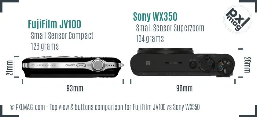 FujiFilm JV100 vs Sony WX350 top view buttons comparison
