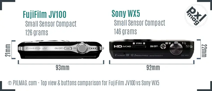 FujiFilm JV100 vs Sony WX5 top view buttons comparison FujiFilm JV100 vs Sony WX5 top view buttons comparison