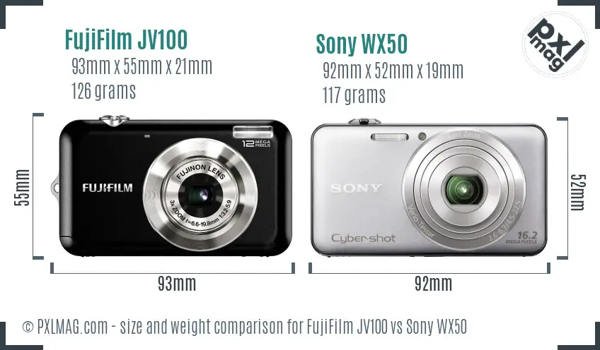 FujiFilm JV100 vs Sony WX50 size comparison