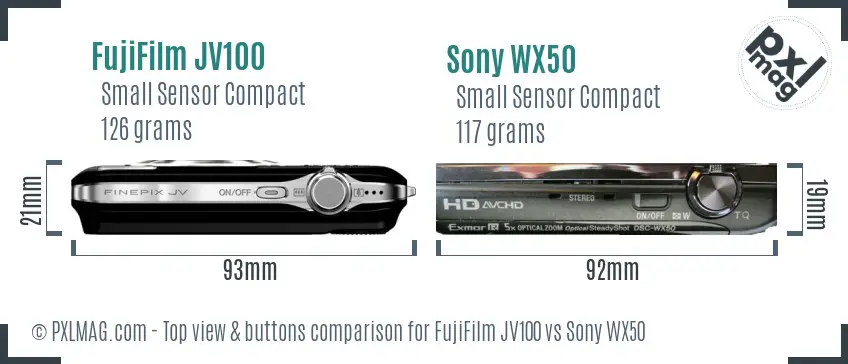 FujiFilm JV100 vs Sony WX50 top view buttons comparison