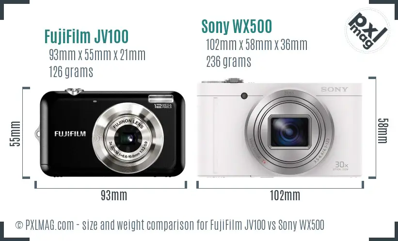 FujiFilm JV100 vs Sony WX500 size comparison