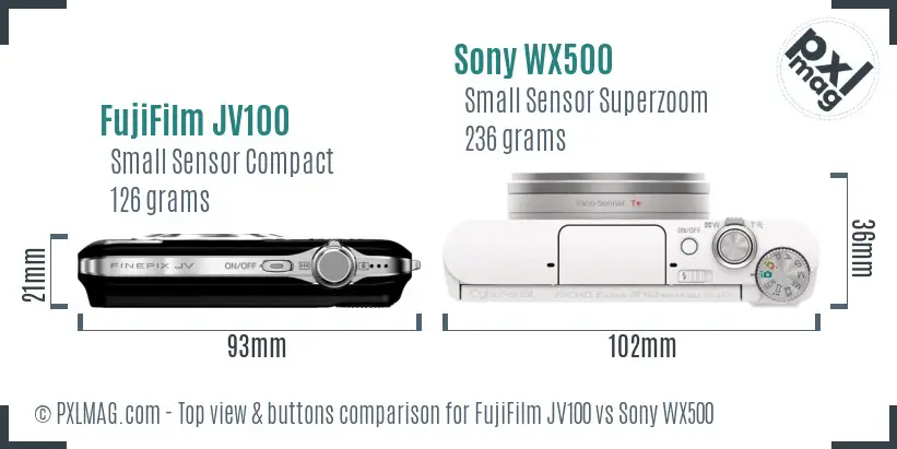 FujiFilm JV100 vs Sony WX500 top view buttons comparison