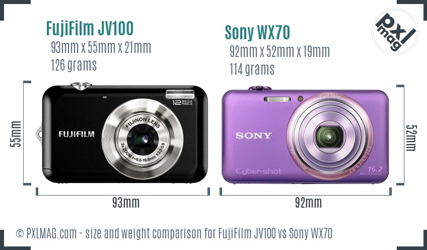 FujiFilm JV100 vs Sony WX70 size comparison